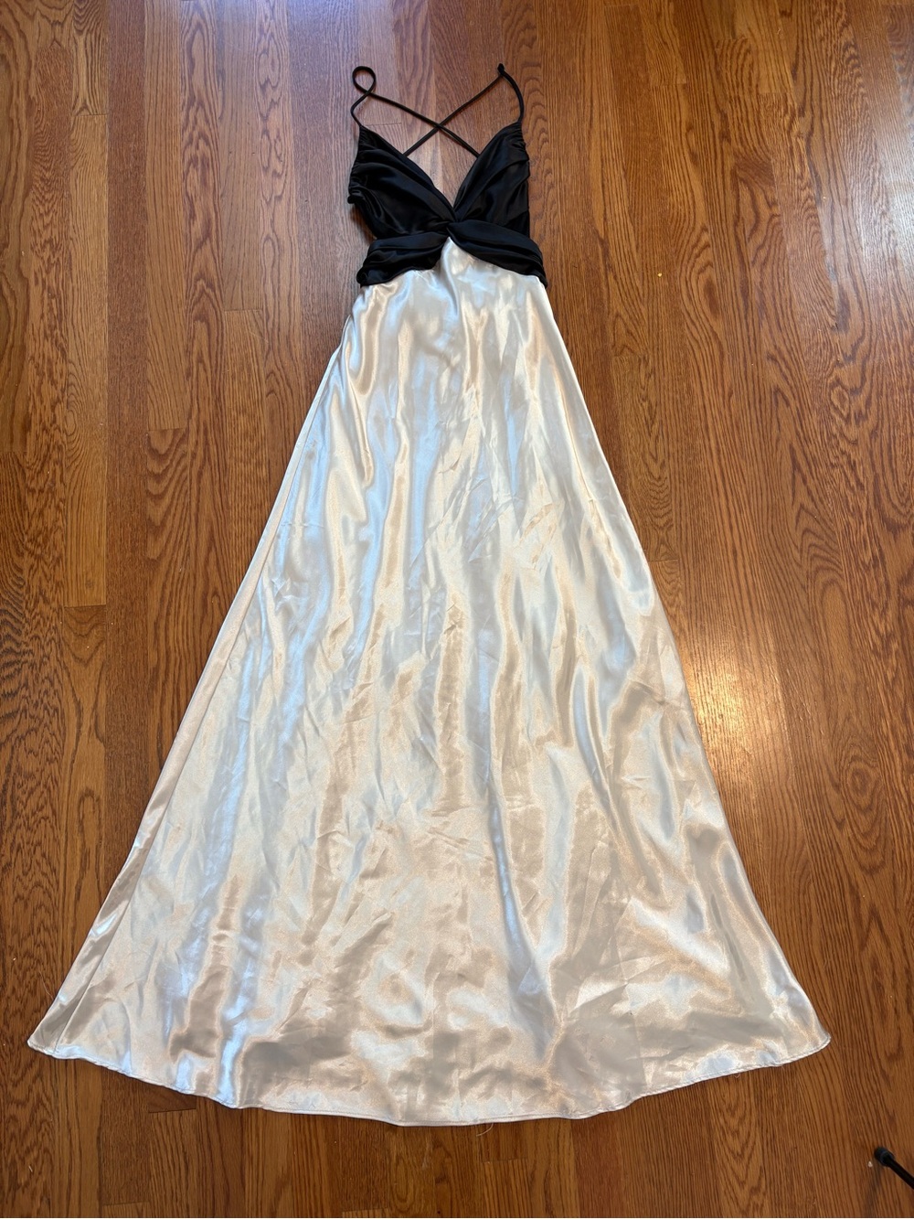 Vintage Faviana Y2K Black Cream 90s Satin Prom Formal Gown Size 3/4 Open Back